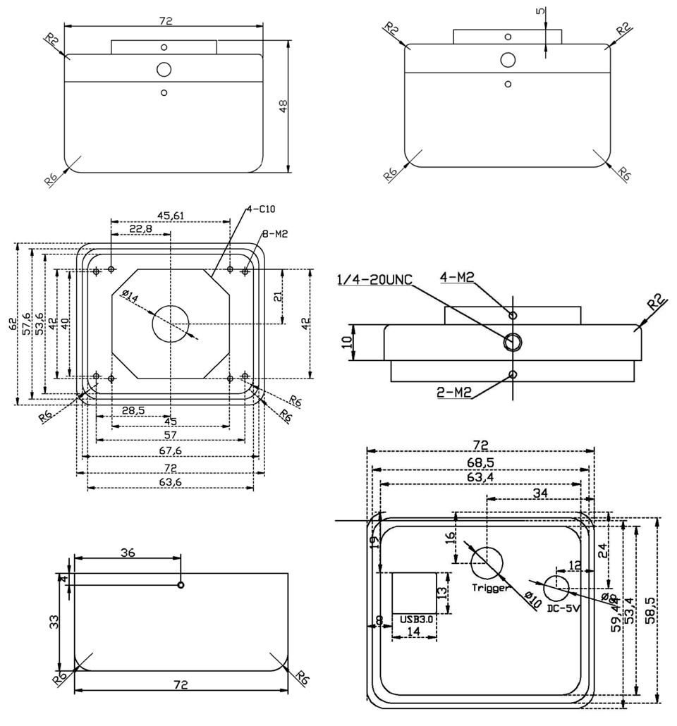 高解像度型VGA-InGaAs近赤外カメラ：外形図